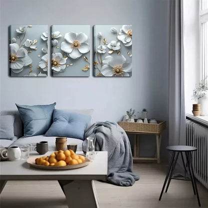 3pcs Three-Dimensional, White Flowers Wall Art Canvas Unframed - High Quality Print 100% Australian Made Wall Canvas