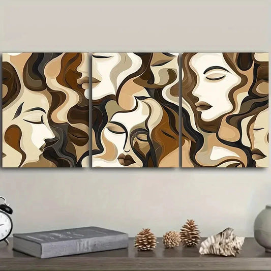 3pcs Brown and beige faces Metal Print Ready to Hang Art
