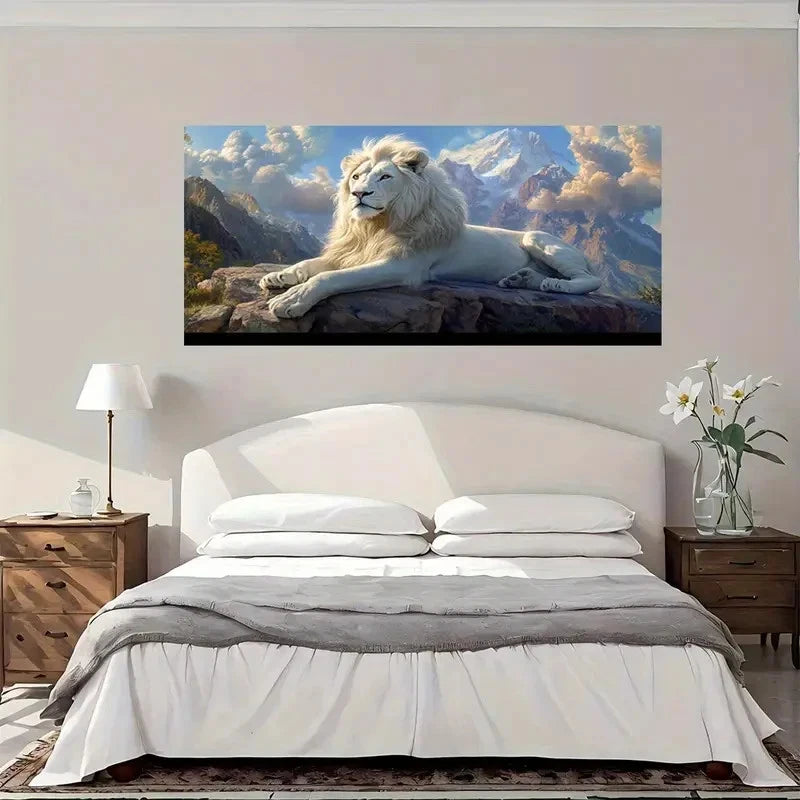 Majestic White Lion Landscape Wall Art Canvas Office Home Room Framed 120x60cm