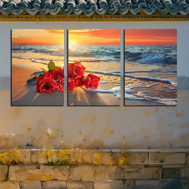 3pcs Vibrant Rose on the Seashore Design Metal Print Ready to Hang Art - Bella Home Decor
