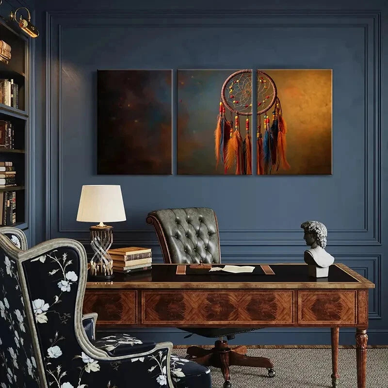 3pcs Ethnic Feathers Colorful Beads Dreamcatcher Metal Print Ready to Hang Art - Bella Home Decor