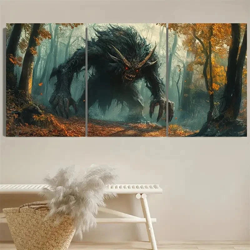 3pcs Frightening Forest Scene with Monster Wall Art Set Canvas Framed 50x70cm - High Quality Print 100% Australian Made Wall Canvas Ready to Hang - Bella Home Decor