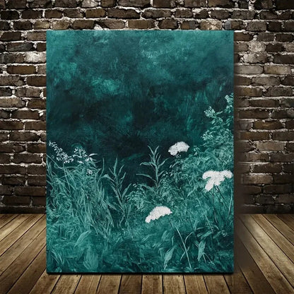 Emerald Mint Grassland with White Flowers Painting 40x60cm Metal Print Ready to Hang - Bella Home Decor