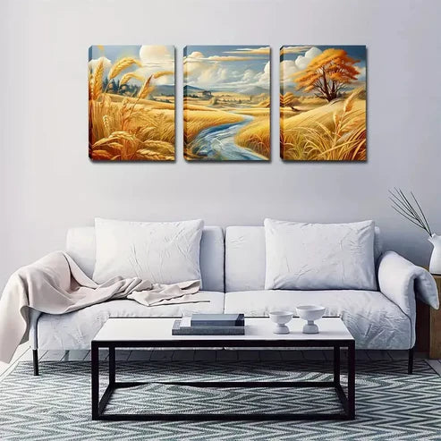 3pcs Vibrant Countryside Stream & Golden Wheat Wall Art Canvas Unframed - High Quality Print 100% Australian Made Wall Canvas