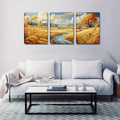 3pcs Vibrant Countryside Stream & Golden Wheat Wall Art Canvas Unframed - High Quality Print 100% Australian Made Wall Canvas