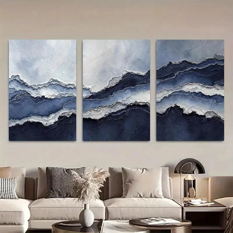 3pcs Abstract Deep Blue and White Wave Wall Art Metal Print Ready to Hang Art - Bella Home Decor