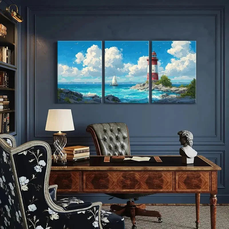 3pcs Lighthouse Sailboat Ocean Waves Blue Sky Metal Print Ready to Hang Art - Bella Home Decor