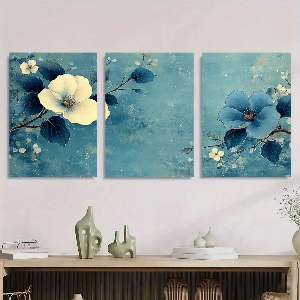 3pcs Vintage Blue & Green Woodblock Metal Print Ready to Hang Art - Bella Home Decor