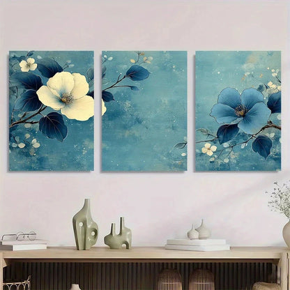 3pcs Vintage Blue & Green Woodblock Metal Print Ready to Hang Art - Bella Home Decor