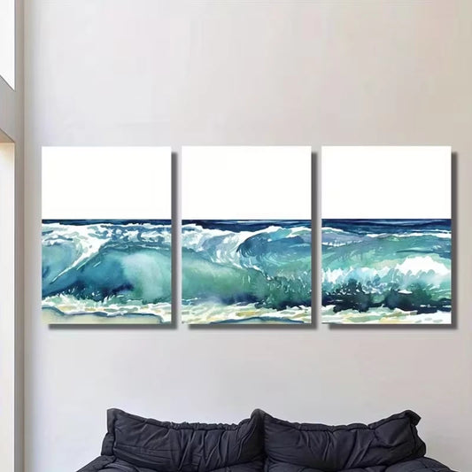3pcs Blue Abstract Wave Metal Print Ready to Hang Art