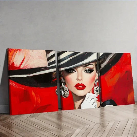 3pcs Fashionable woman in black hat Wall Art Set Canvas Framed 50x70cm - High Quality Print 100% Australian Made Wall Canvas Ready to Hang