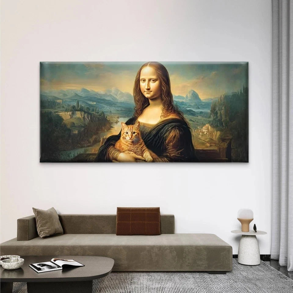 Mona Lisa with Cat Wall Art Canvas Office Home Room Framed 120x60cm