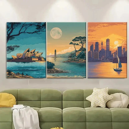 3pcs Twilight Over Sydney Wall Art Set Canvas Framed 50x70cm - High Quality Print 100% Australian Made Wall Canvas Ready to Hang