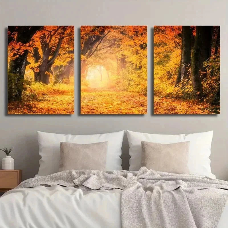 3pcs Autumn Forest Sunset Vibrant Yellow Leaves Metal Print Ready to Hang Art - Bella Home Decor