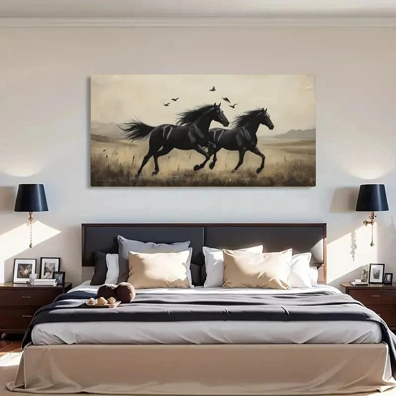 Deco Black Horses Retro Wall Art Canvas Office Home Room Framed 120x60cm