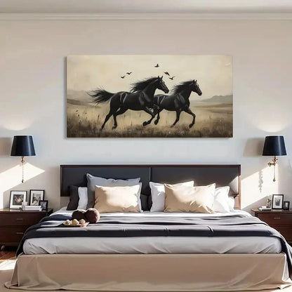 Deco Black Horses Retro Wall Art Canvas Office Home Room Framed 120x60cm