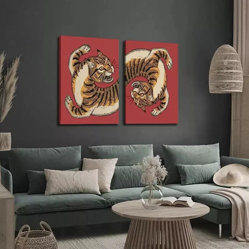 2pcs Decorative Painting, Tiger, Retro Painting Decoration Canvas Framed 50x75cm - High Quality Print 100% Australian Made Wall Canvas Ready to Hang - Bella Home Decor