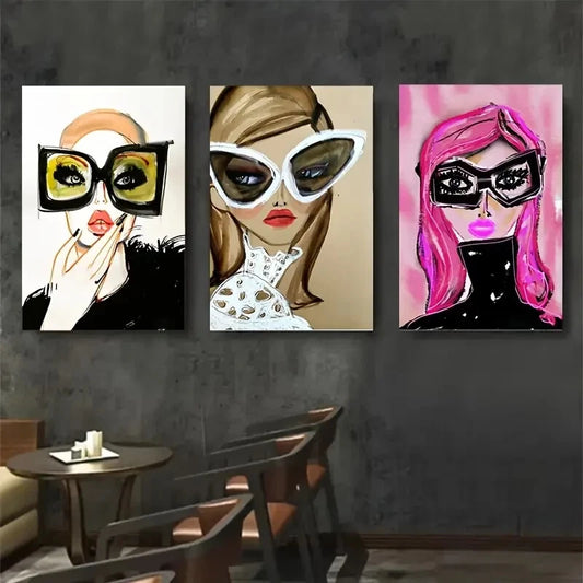 3pcs Stylish Women with Large Fashion Glasses Wall Art Set Canvas Framed 40x60cm - High Quality Print 100% Australian Made Wall Canvas Ready to Hang