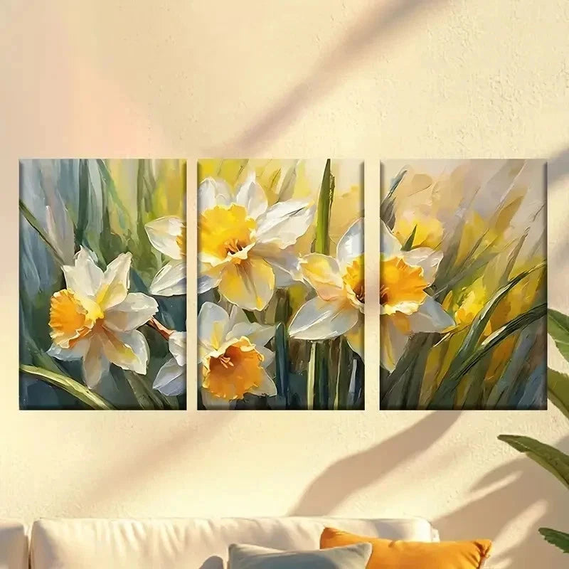 3pcs Vibrant Daffodil Floral Painting Wall Art Set Canvas Framed 40x60cm - High Quality Print 100% Australian Made Wall Canvas Ready to Hang