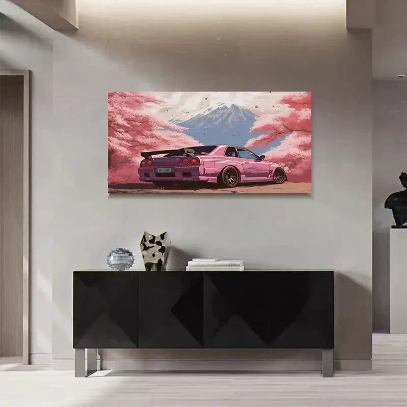 Sports Car & Cherry Blossom Wall Art Canvas Office Home Room Framed 120x60cm