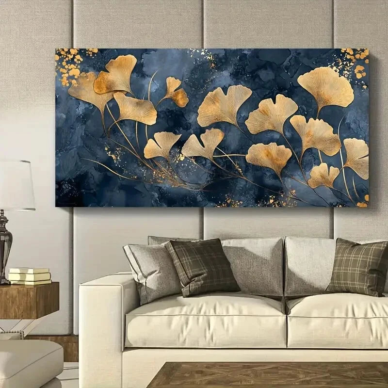 Gold Leaves Blue Abstract wall canvas office home room framed 120x60cm - Bella Home Decor