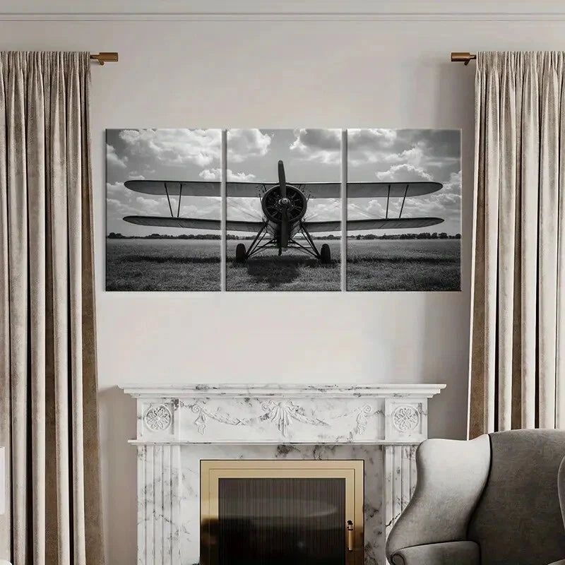 3pcs Black & White Plane Print with Cloudy Sky Metal Print Ready to Hang Art - Bella Home Decor