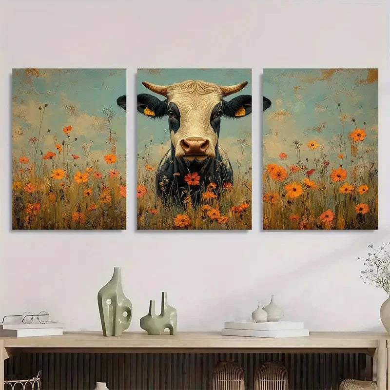 3pcs Rustic Cow And Floral Farmhouse Style Metal Print Ready to Hang Art - Bella Home Decor