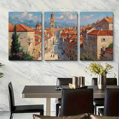 3pcs Old Italian Street in Korcula Perfect Wall Art Set Canvas Framed 50x70cm - High Quality Print 100% Australian Made Wall Canvas Ready to Hang