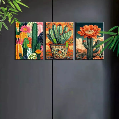 3pcsColorful Cactus And Stunning Florals Art Set Canvas Framed 50x70cm - High Quality Print 100% Australian Made Wall Canvas Ready to Hang