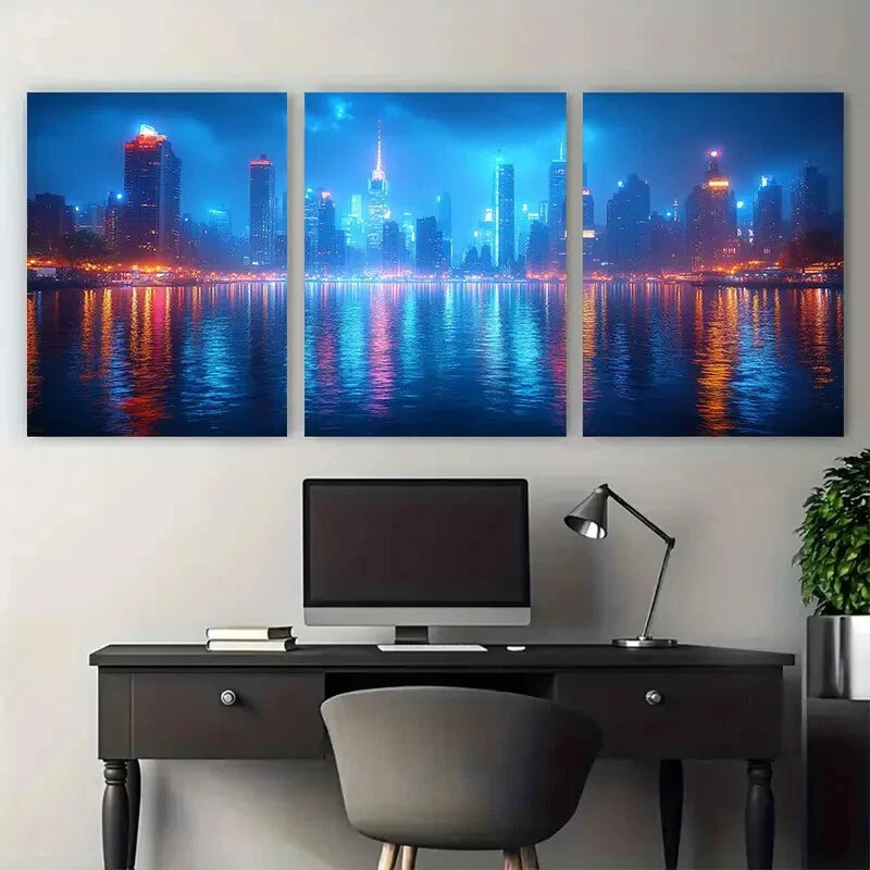 3pcs Illuminated Urban Skyline Night Cityscape Metal Print Ready to Hang Art - Bella Home Decor