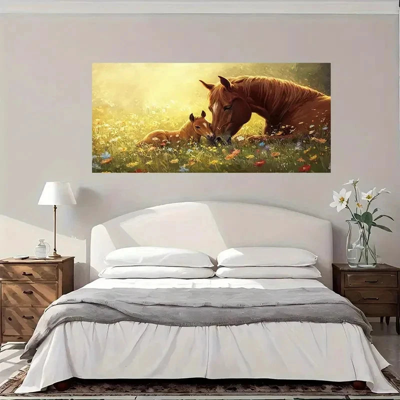 Horse Family Wildflower Field Wall Art Canvas Office Home Room Framed 120x60cm