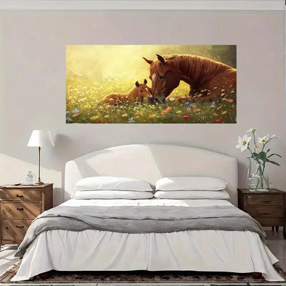 Horse Family Wildflower Field Wall Art Canvas Office Home Room Framed 120x60cm
