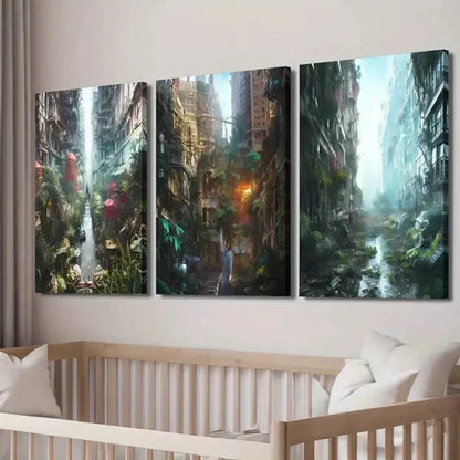 3pcs Lush Greenery Overgrown City & Skyscrapers Wall Art Canvas Unframed - High Quality Print 100% Australian Made Wall Canvas