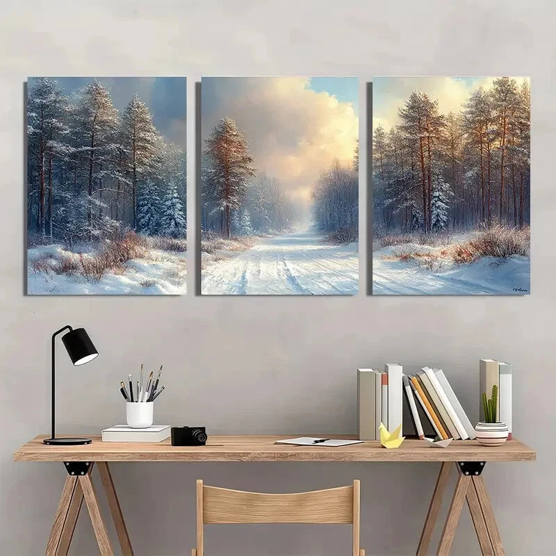 3pcs Snowy Landscape Antique Rustic Christmas Metal Print Ready to Hang Art