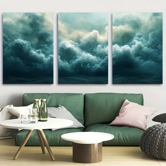 3pcs Minimalist White Cloud on Green Metal Print Ready to Hang Art