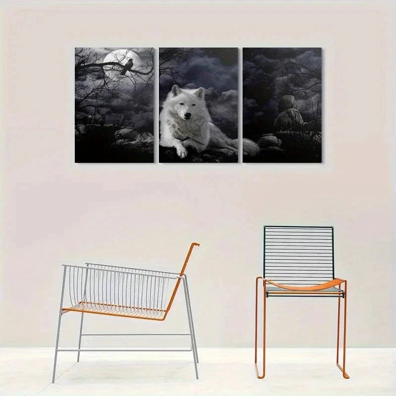 3pcs Moonlit Wolf Surreal Night Forest Metal Print Ready to Hang Art - Bella Home Decor