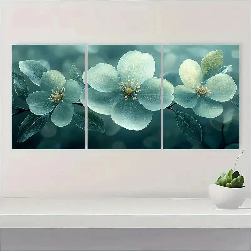 3pcs Painting Light Green Flower Decoration Metal Print Ready to Hang Art - Bella Home Decor