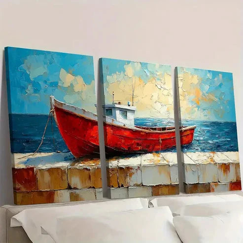3pcs Vibrant Impasto Seascape with Red Boat F Wall Art Set Canvas Unframed - High Quality Print 100% Australian Made Wall Canvas