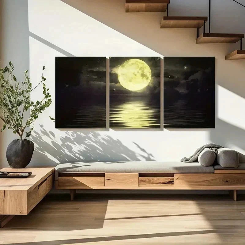 3pcs Full Moon Ocean Natural Landscape Wall Art Set Canvas Framed 40x60cm - High Quality Print 100% Australian Made Wall Canvas Ready to Hang - Bella Home Decor