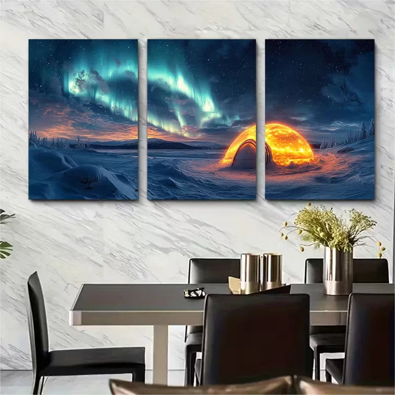 3pcs Northern Lights Over Snowy Landscape Metal Print Ready to Hang Art