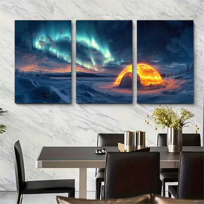 3pcs Northern Lights Over Snowy Landscape Metal Print Ready to Hang Art