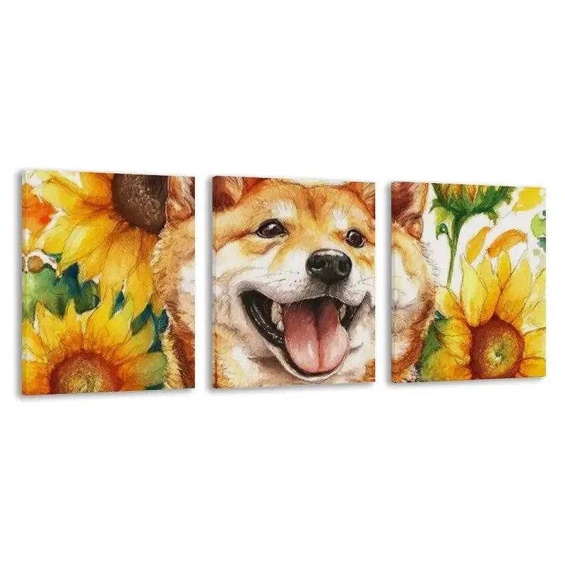3pcs Happy Golden Shiba Inu In Sunflowers  Wall Art Set Canvas Framed 40x60cm - High Quality Print 100% Australian Made Wall Canvas Ready to Hang