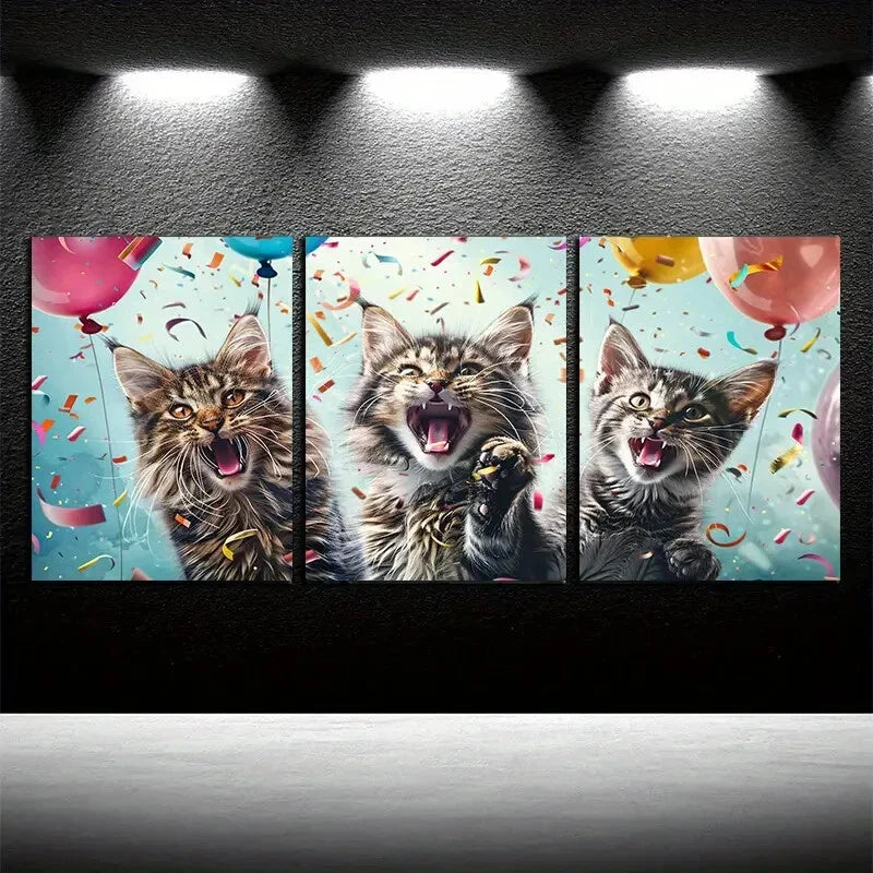 3pcs Vibrant Cat Celebration with Balloon Design Metal Print Ready to Hang Art - Bella Home Decor