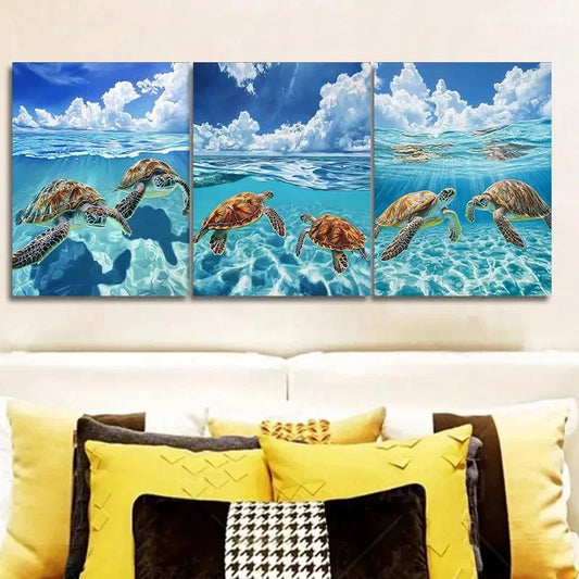 3pcs Caribbean Tropical Sea Turtle Metal Print Ready to Hang Art
