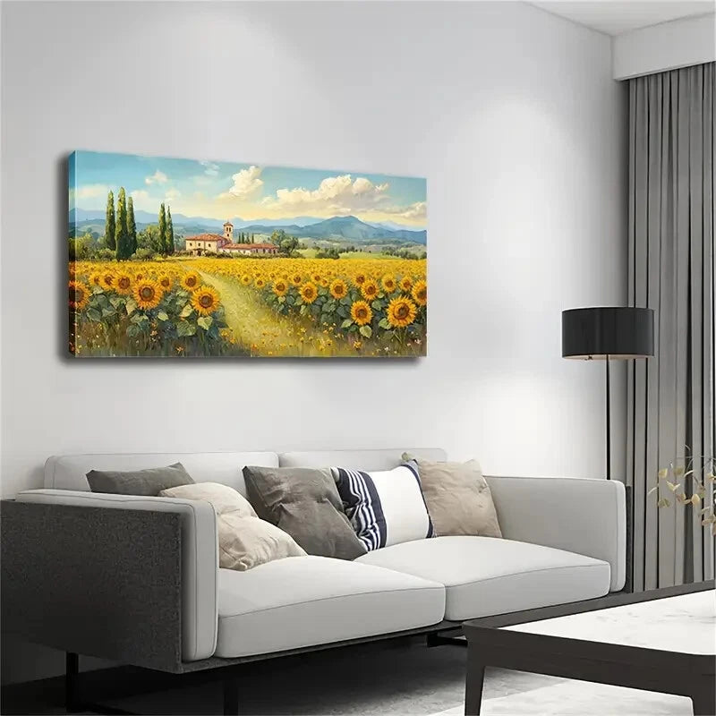 Rustic Sunflower Field Houses Wall Art Canvas Office Home Room Framed 120x60cm - Bella Home Decor