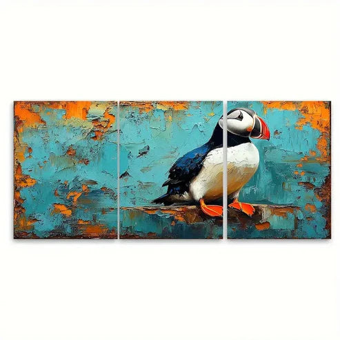 3pcs Puffin Bird Impasto Rustic Illustration Wall Art Canvas Unframed - High Quality Print 100% Australian Made Wall Canvas