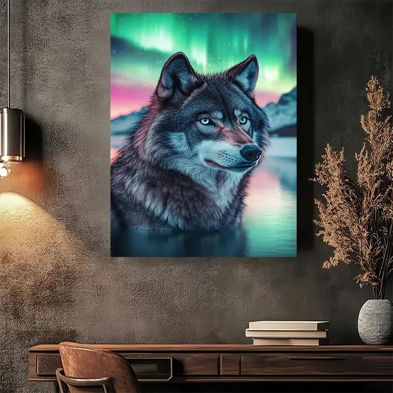 Beautiful Aurora Wolf Vibrant Northern Painting 40x60cm Metal Print Ready to Hang - Bella Home Decor