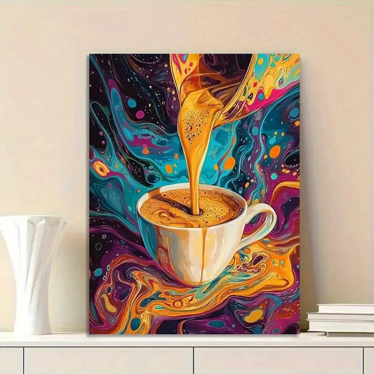 Cup Of Coffee Pouring, With a Psychedelic, Swirling 40x60cm Metal Print Ready to Hang