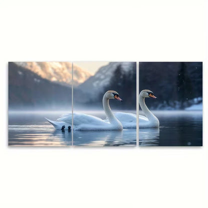 3pcs Swans on Austrian Lake Grundlsee Wall Art Set Canvas Framed 50x70cm - High Quality Print 100% Australian Made Wall Canvas Ready to Hang