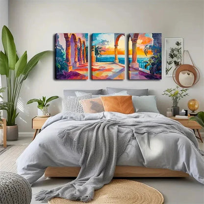 3pcs Vibrant Coastal Temple Wall Art Set Wall Art Canvas Unframed - High Quality Print 100% Australian Made Wall Canvas